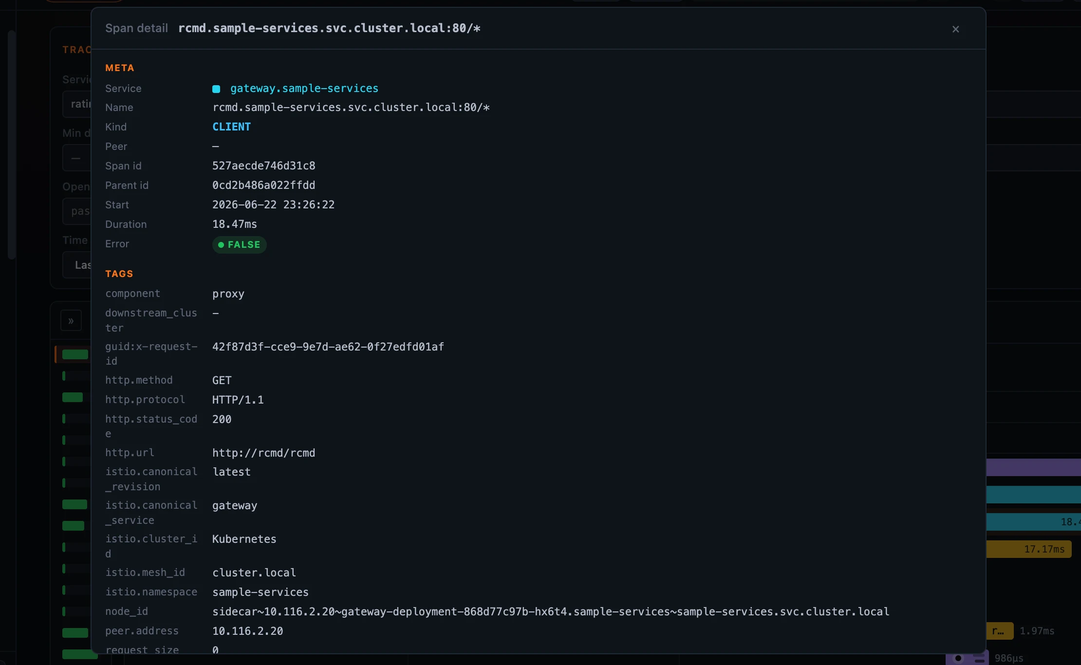 图 5：Zipkin span 详情面板。Meta（Kind CLIENT、peer、duration）和原始 Zipkin/OTel tags，包括 Istio sidecar 相关字段，都保留原生形状。