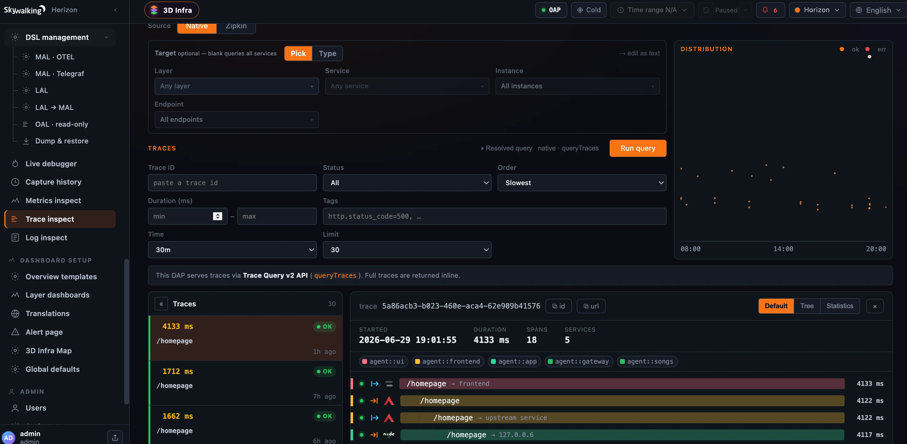 图 3：Trace inspect 留空 target 后的查询结果：分布散点图、trace 列表，以及一条跨五个服务的 trace waterfall。
